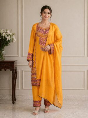 Yellow heavy embroidered 3 piece viscose suit for women formal wear