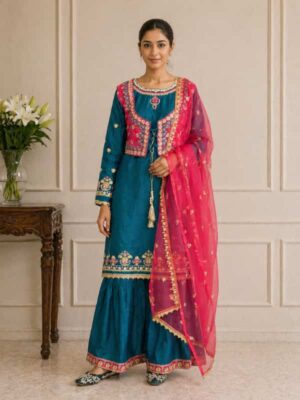 Zinc heavy embroidered 4 piece cotton shalwar suit with jacket