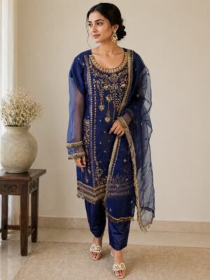 Royal blue heavy embroidered 3 piece organza suit