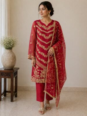 Maroon heavy embroidered 3 piece organza suit