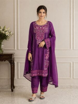 Purple embroidered 3 piece viscose suit for women