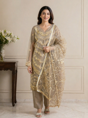 Taupe heavy embroidered 3 piece organza suit