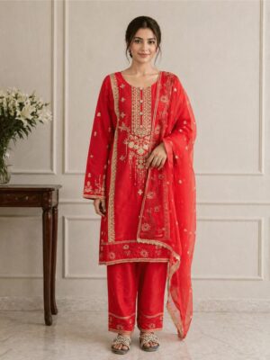 Red heavy embroidered 3 piece cotton suit
