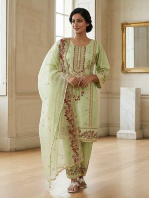 Pistachio green heavy embroidered 3 piece cotton suit
