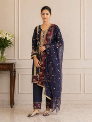 Royal blue heavy embroidered 3 piece cotton suit