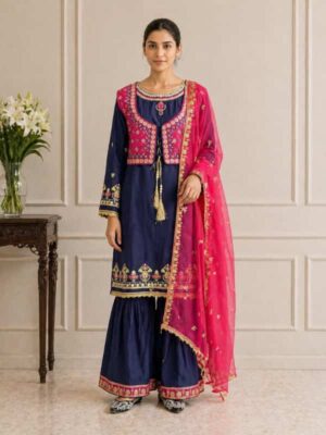Royal blue heavy embroidered 4 piece cotton shalwar suit with jacket