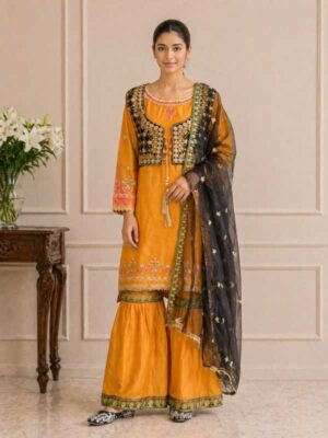 Yellow heavy embroidered 4 piece cotton shalwar suit with jacket