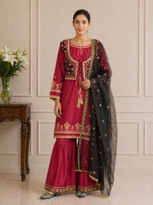 Maroon heavy embroidered 4 piece cotton shalwar suit with jacket