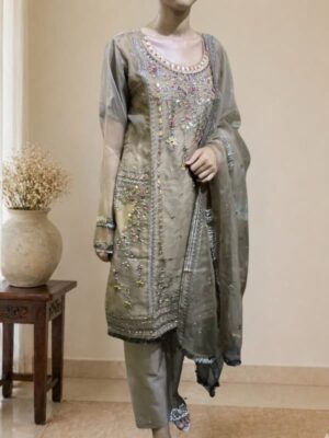 Beige heavy embroidered 3 piece organza suit