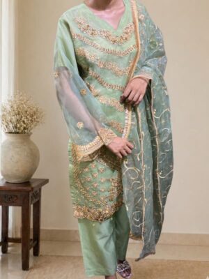Pistachio heavy embroidered 3 piece organza suit