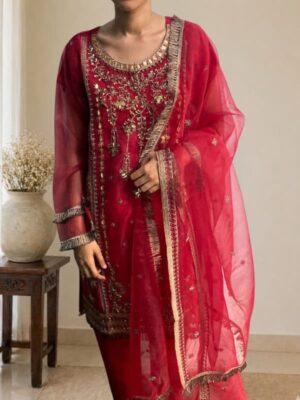 Red heavy embroidered 3 piece organza suit