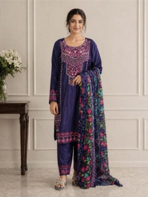 Royal blue embroidered 3 piece viscose suit