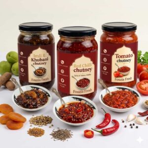 angy Classic Trio Chutney Bundle by Fouzia Fresh featuring Imli & Khubani Chutney, Red Chilli Chutney, and Tomato Chutney – Homemade Chutney Bundle for ₨2,399